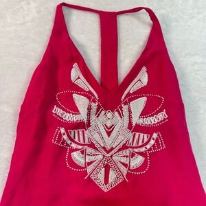 Bebe Beaded Halter Top Women XS Pink Asymmetrical Sequin V-Neck‎ T-Back
